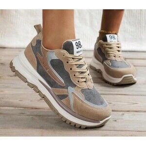 Women's Sneakers Casual Sports Khaki Shoes, Size 9 Low-Cut Thick Sole Br